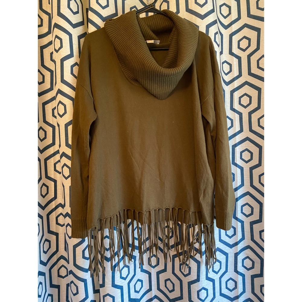 Olive Green Fringe Cowl Neck Sweater